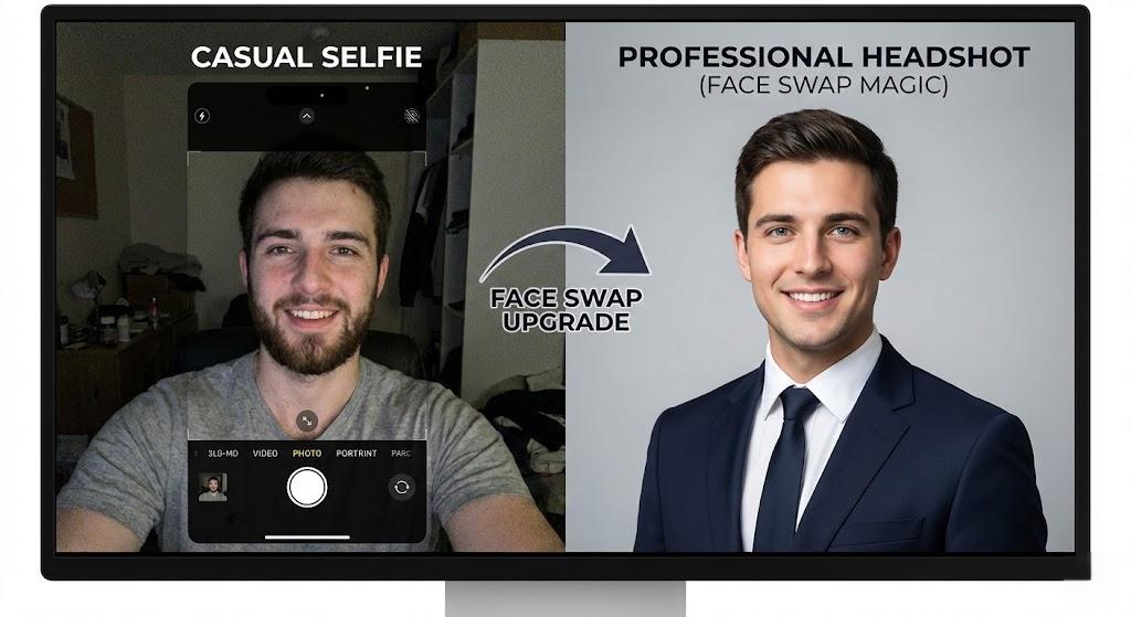 Split-screen comparison showing a casual selfie transformed into a professional business headshot using AI face swap technology.