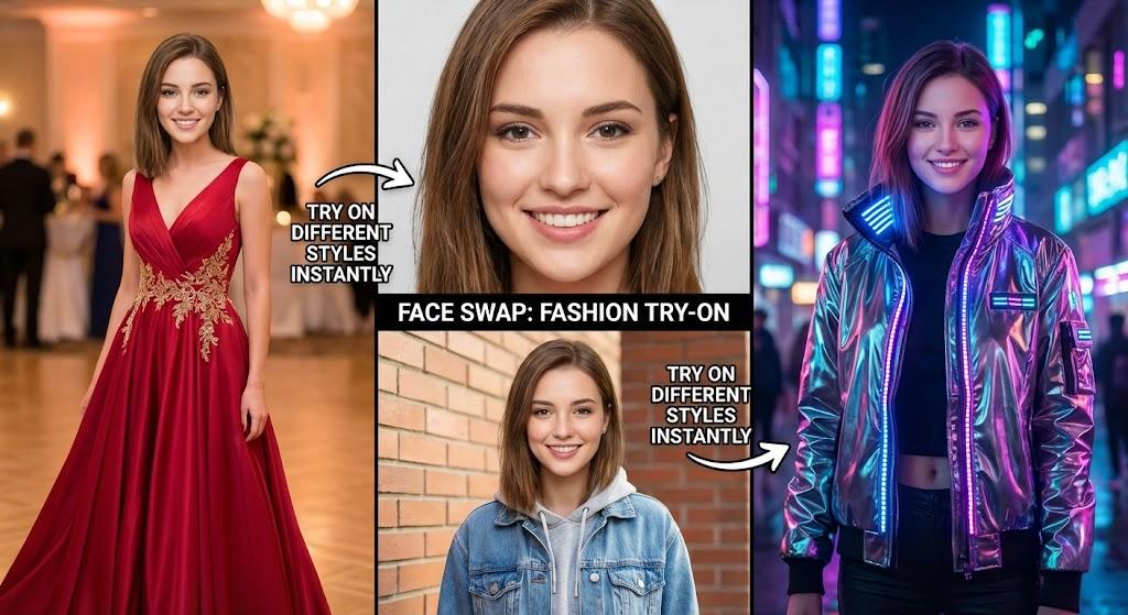 Collage of the same face seamlessly applied to three different outfits using face swap, demonstrating virtual fashion try-on capabilities.