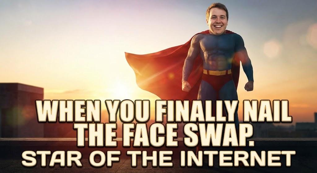 Cinematic movie poster featuring a superhero body with a user's face superimposed via face swap to create a viral internet meme