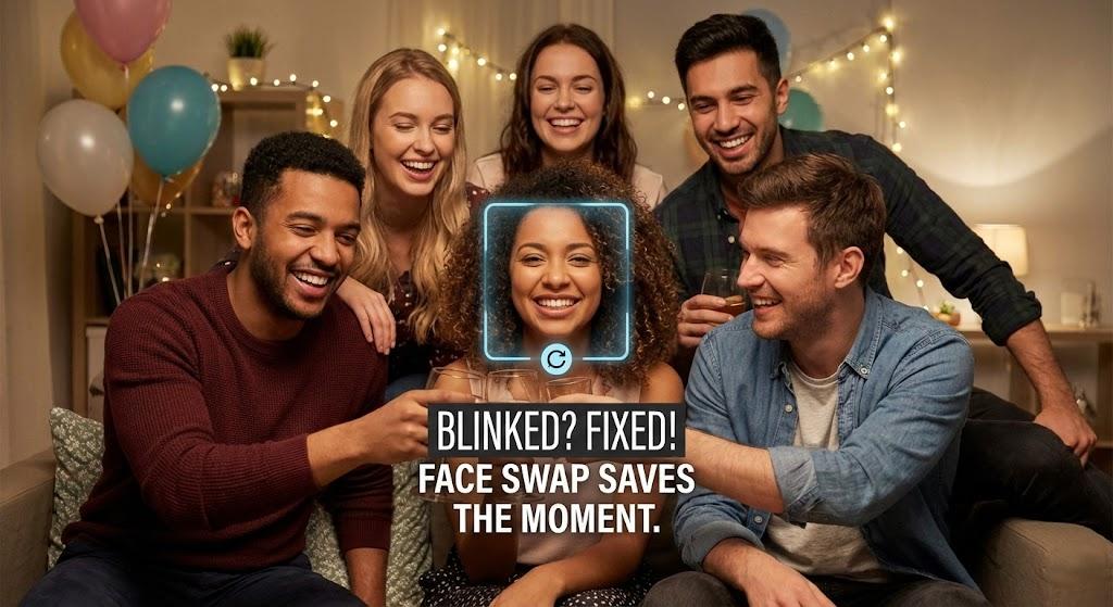 Group photo highlighting a blinked eye being fixed and replaced with a perfect smile using AI face swap tools.