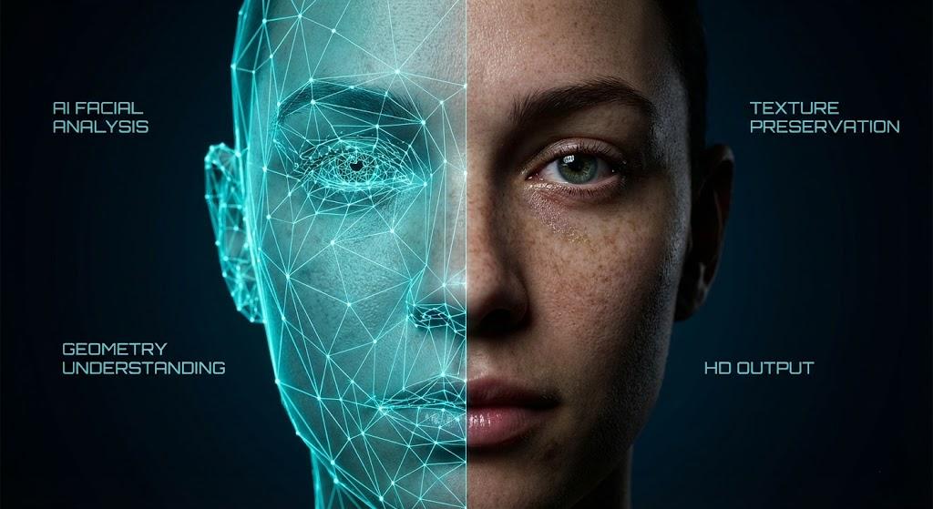 Visual demonstration of AI face swap precision: transitioning from 3D facial geometry mesh to a hyper-realistic portrait with detailed skin texture and perfect lighting match